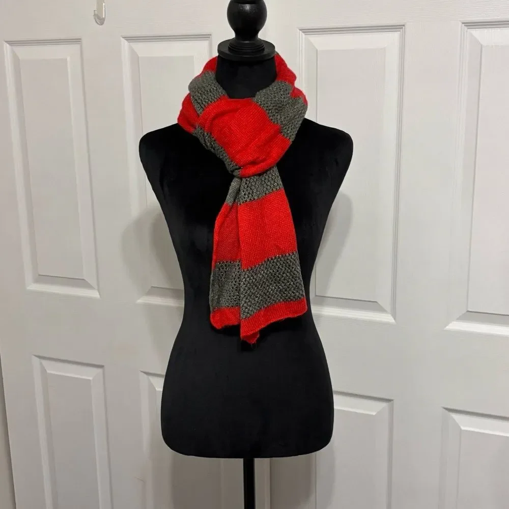 J. Jill Women's Red Gray Silver Sparkles Wide Striped Knit Head Neck Scarf Grey